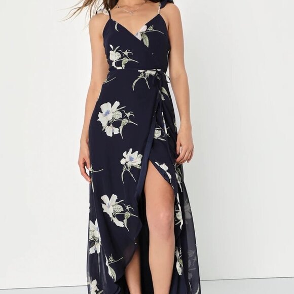LULUS All Mine Navy Blue Floral PrintHigh-Low Wrap Dress size M Resort Vacation - Picture 1 of 10